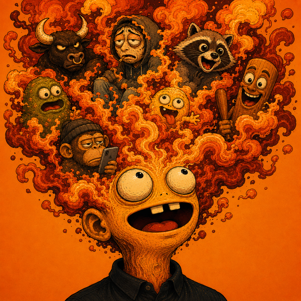 MEMEHEAD surrounded by strange creatures in orange thought smoke